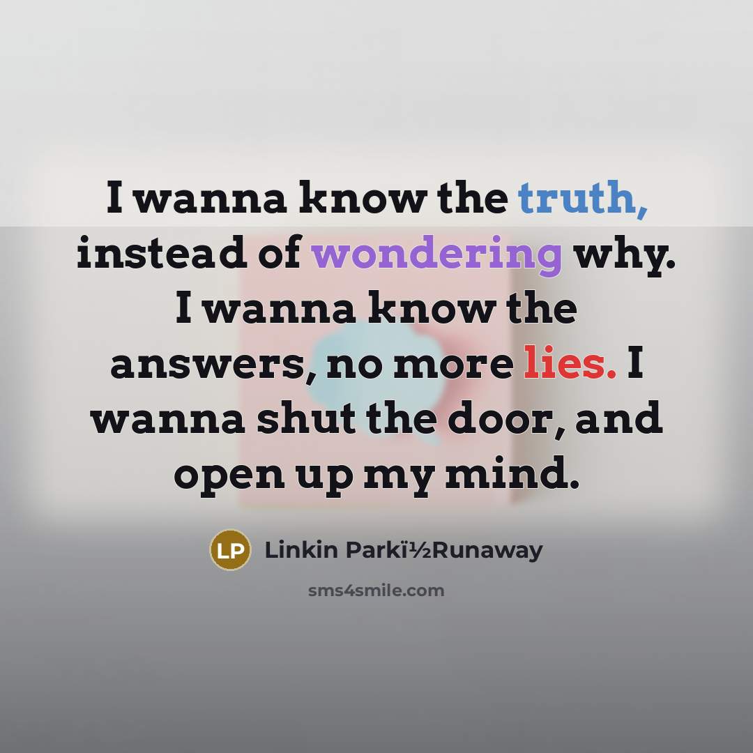 “I wanna know the truth, instead of wondering why. I wanna know the answers, no more lies. I wanna shut the door, and open up my mind.” quote by Linkin Parkï1⁄2Runaway