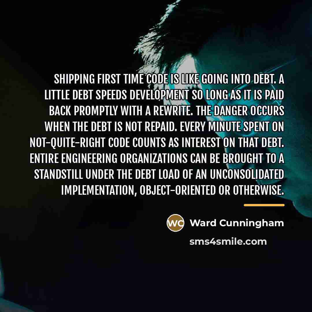 “Shipping first time code is like going into debt. A…” quote by Ward Cunningham