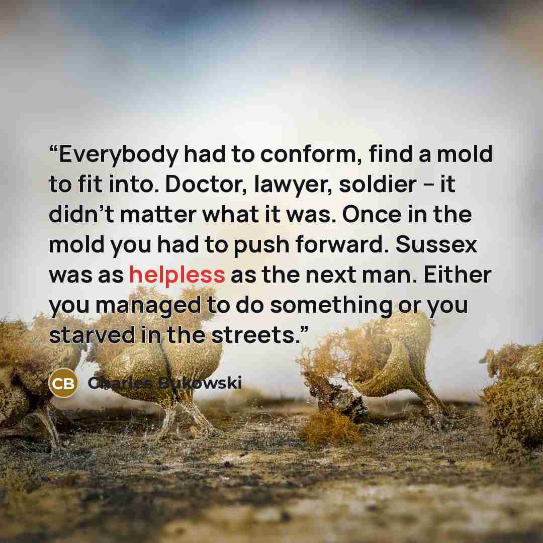 “Everybody had to conform, find a mold to fit into. Doctor, lawyer, soldier -- it didn't matter what it was. Once in the mold you had to push forward. Sussex was as helpless as the next man. Either you managed to do something or you starved in the streets.” quote by Charles Bukowski