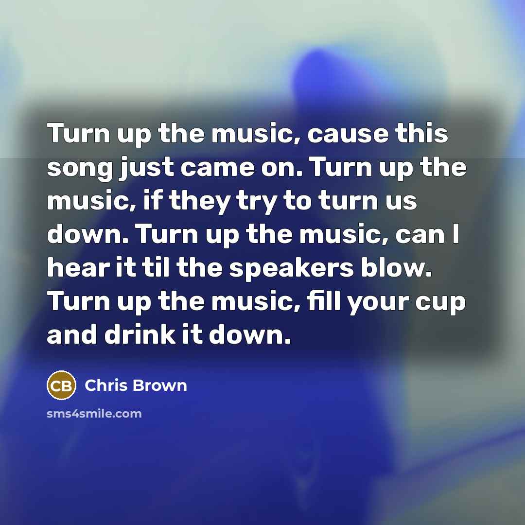 “Turn up the music, cause this song just came on. Turn up the music, if they try to turn us down. Turn up the music, can I hear it til the speakers blow. Turn up the music, fill your cup and drink it down.” quote by Chris Brown