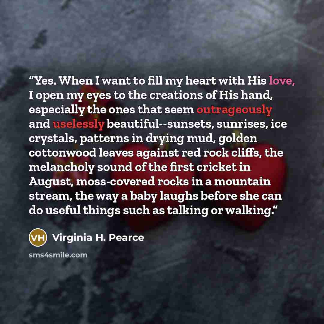 “Yes. When I want to fill my heart with His love, I open my eyes to the creations of His hand, especially the ones that seem outrageously and uselessly beautiful--sunsets, sunrises, ice crystals, patterns in drying mud, golden cottonwood leaves against red rock cliffs, the melancholy sound of the…” quote by Virginia H. Pearce
