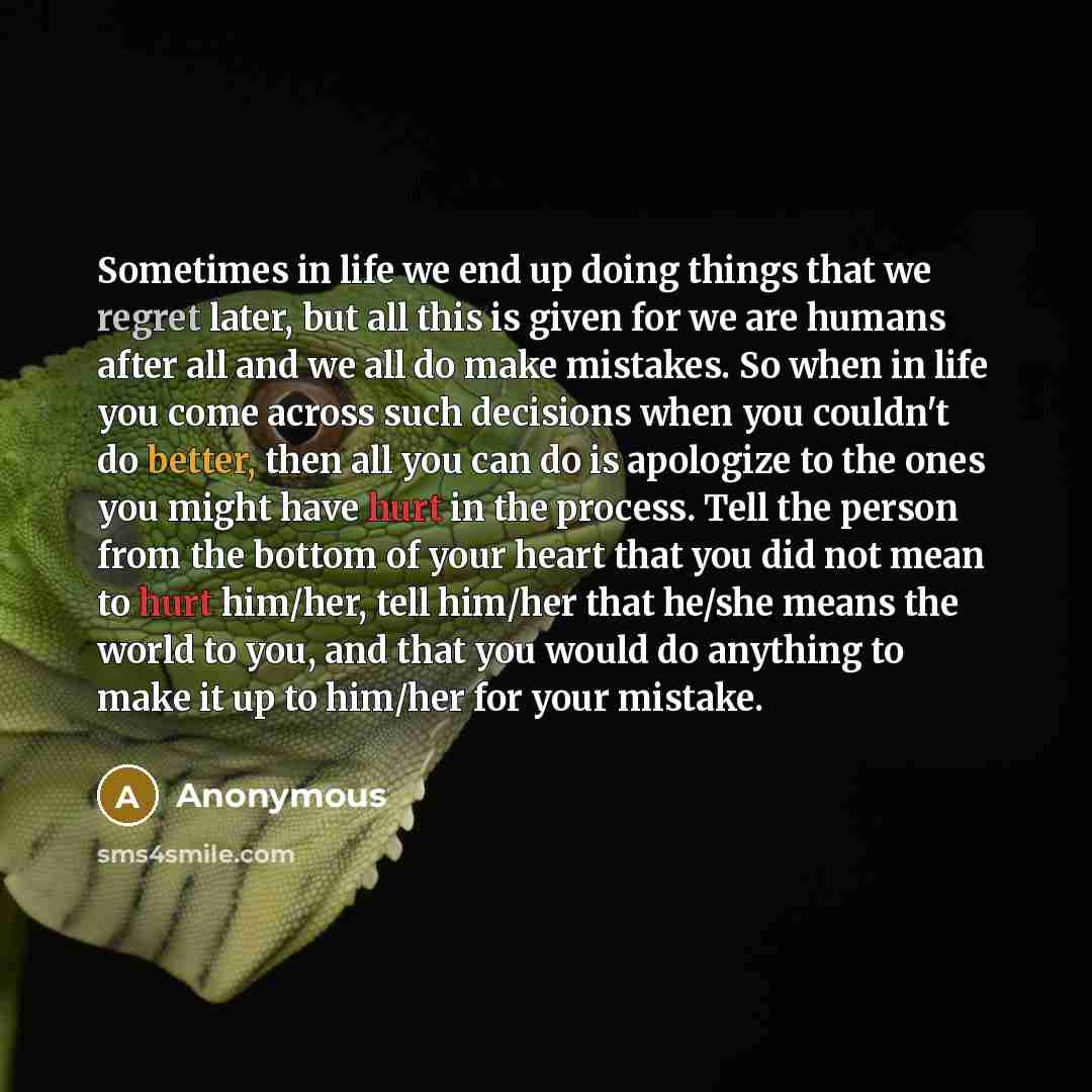 “Sometimes in life we end up doing things that we regret later, but all this is given for we are humans after all and we all do make mistakes. So when in life you come across such decisions when you couldn't do better, then all you can do is apologize to the ones you might have hurt in the process…” quote by Anonymous