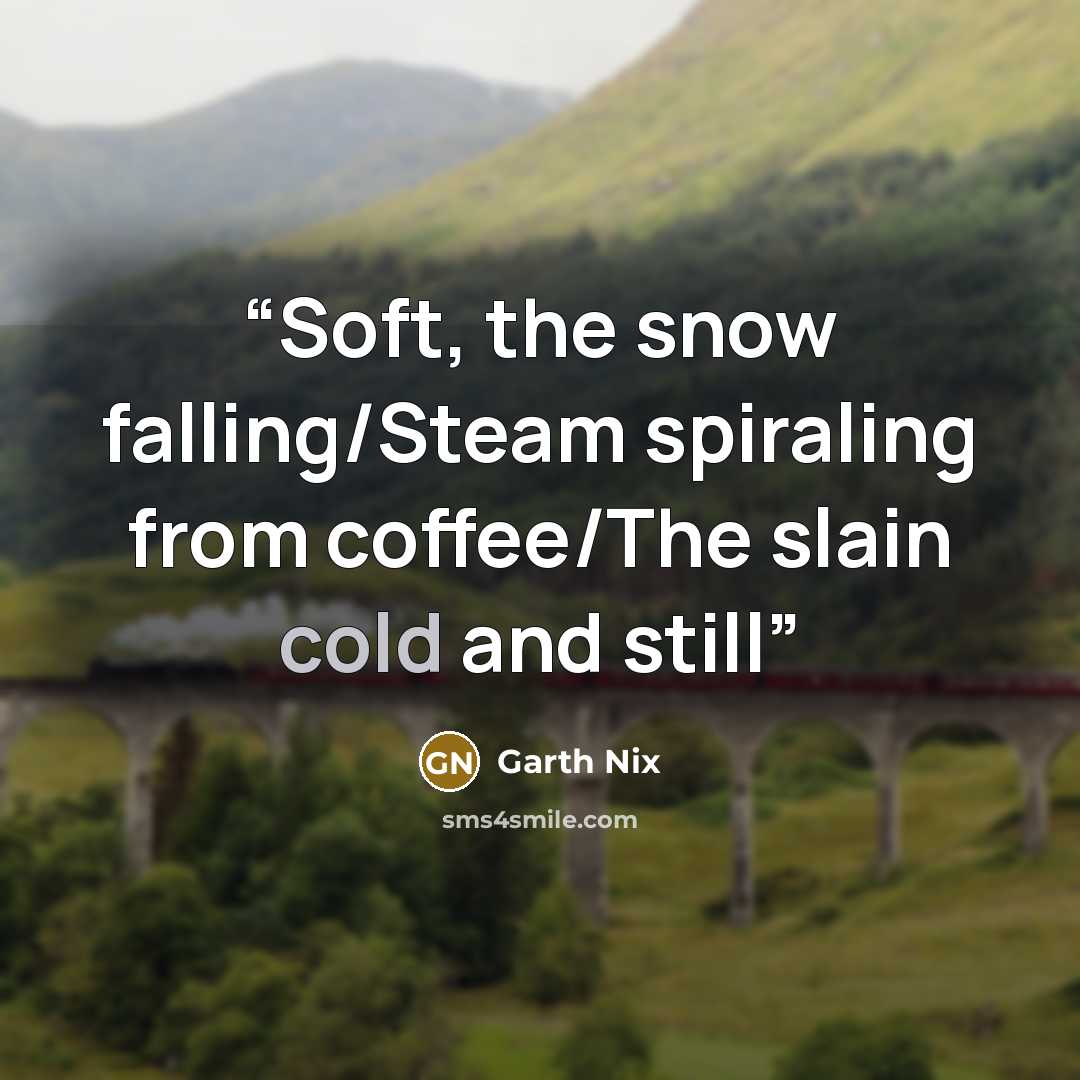 “Soft, the snow falling/Steam spiraling from coffee/The slain cold and still” quote by Garth Nix