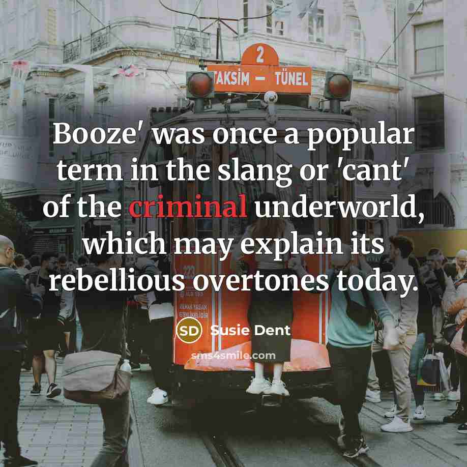 “Booze' was once a popular term in the slang or 'cant' of the criminal underworld, which may explain its rebellious overtones today.” quote by Susie Dent