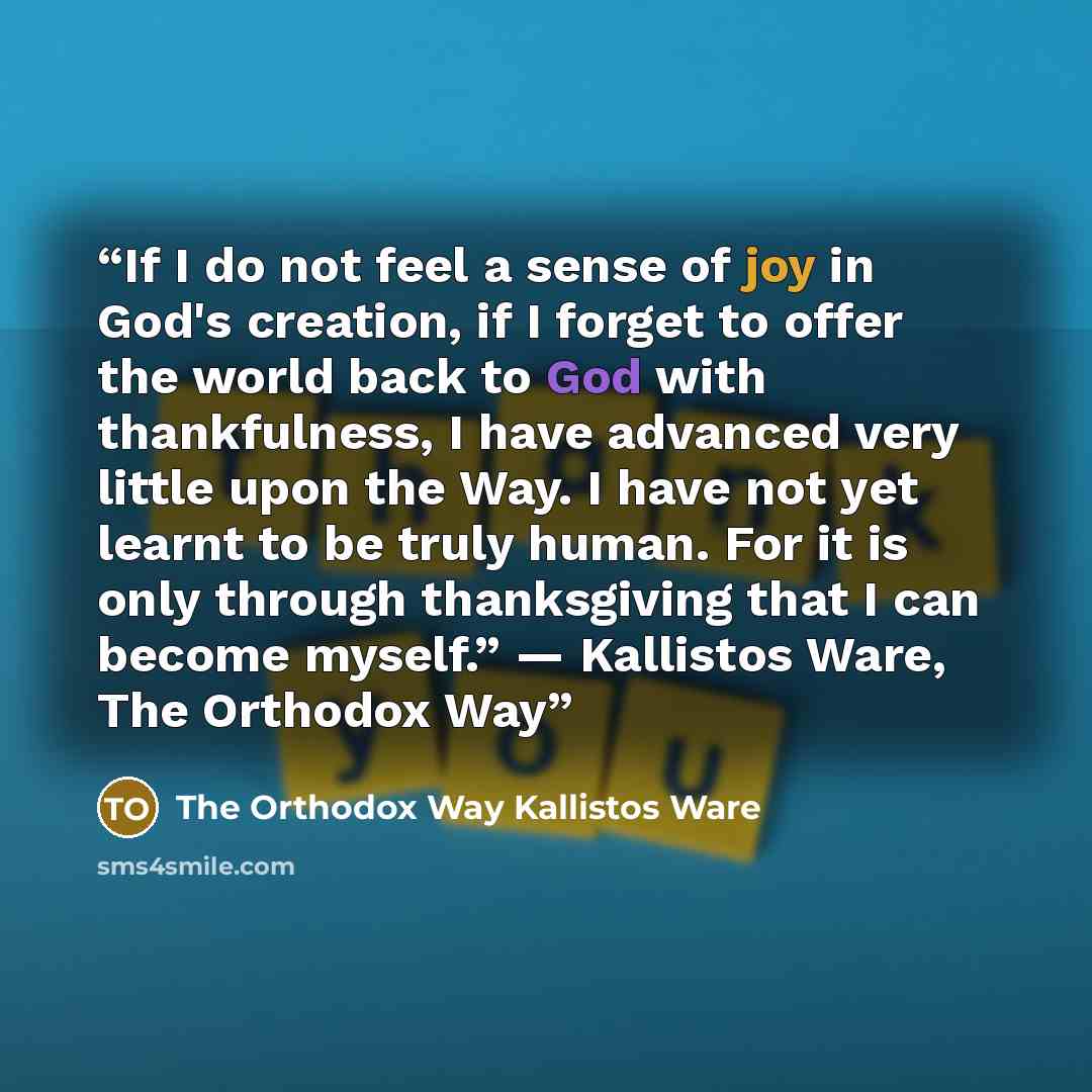 “If I do not feel a sense of joy in God's creation, if I forget to offer the world back to God with thankfulness, I have advanced very little upon the Way. I have not yet learnt to be truly human. For it is only through thanksgiving that I can become myself.” ― Kallistos Ware, The Orthodox Way” quote by The Orthodox Way Kallistos Ware
