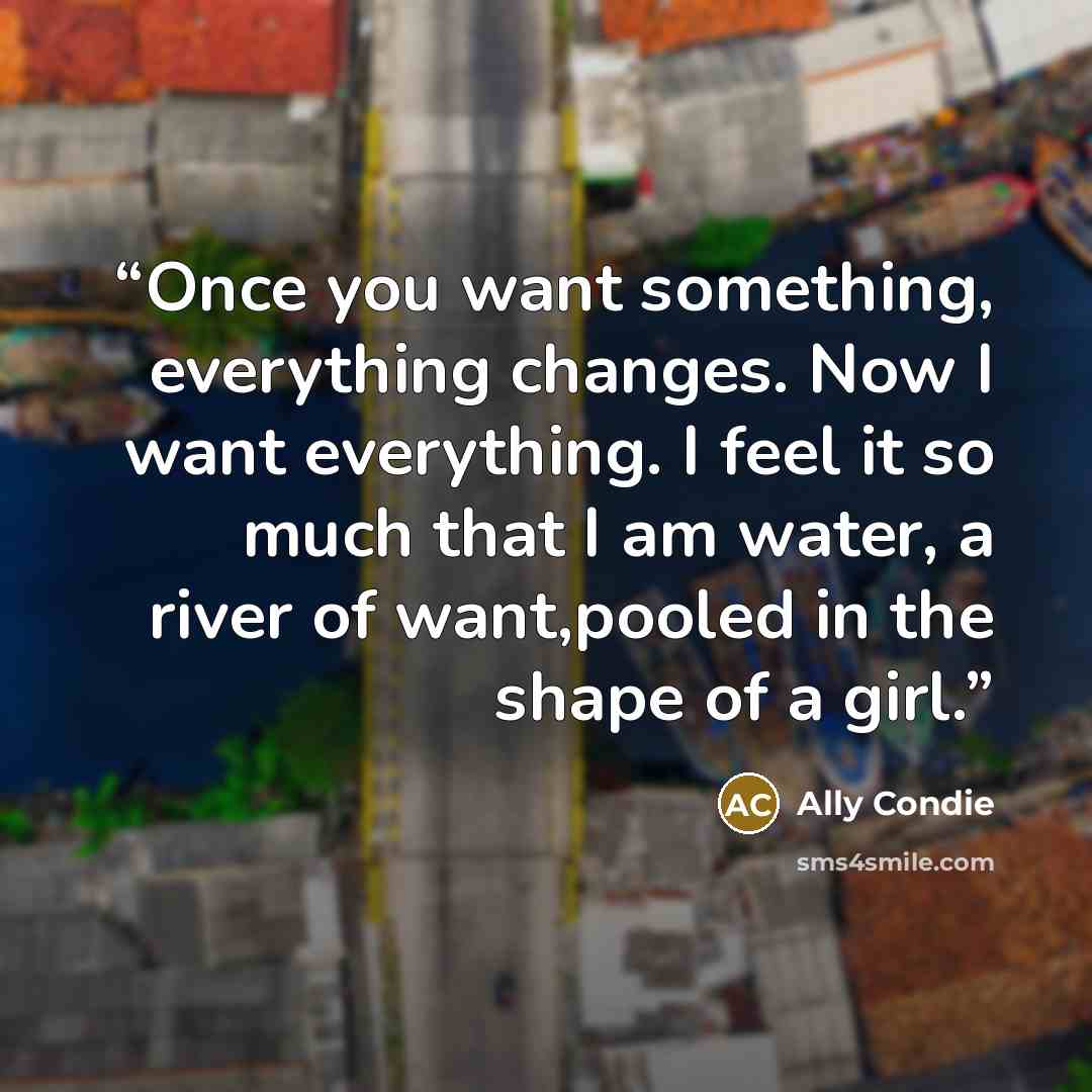 “Once you want something, everything changes. Now I want everything. I feel it so much that I am water, a river of want,pooled in the shape of a girl.” quote by Ally Condie