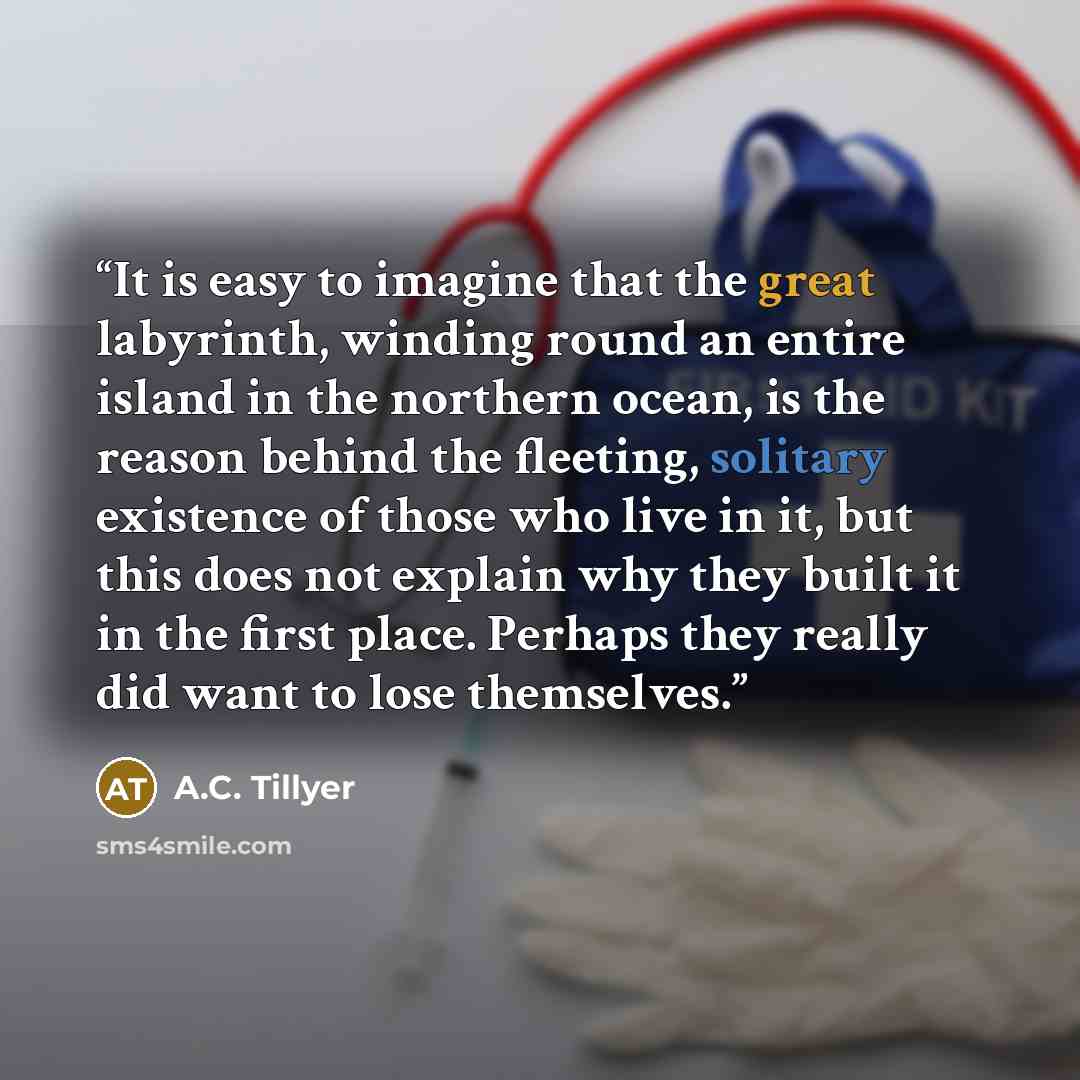 “It is easy to imagine that the great labyrinth, winding round an entire island in the northern ocean, is the reason behind the fleeting, solitary existence of those who live in it, but this does not explain why they built it in the first place. Perhaps they really did want to lose themselves.” quote by A.C. Tillyer