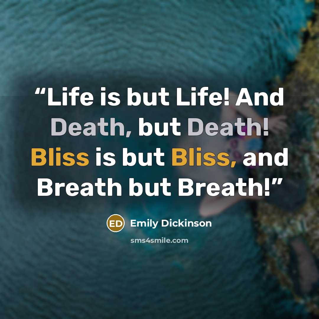 “Life is but Life! And Death, but Death! Bliss is but Bliss, and Breath but Breath!” quote by Emily Dickinson