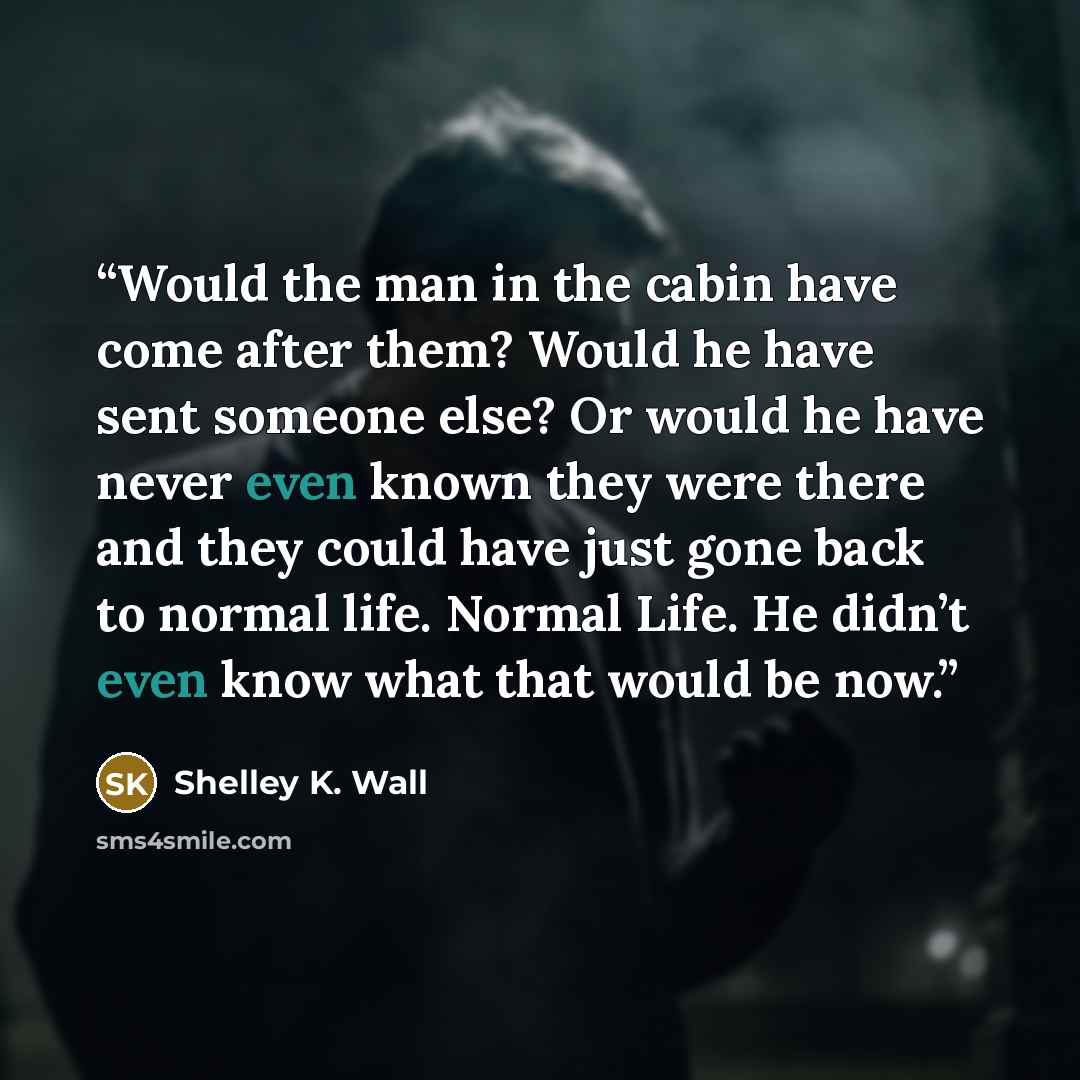 “Would the man in the cabin have come after them? Would he have sent someone else? Or would he have never even known they were there and they could have just gone back to normal life. Normal Life. He didn’t even know what that would be now.” quote by Shelley K. Wall