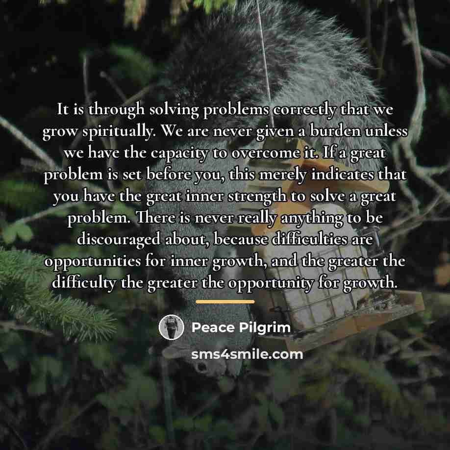 “It is through solving problems correctly that we grow spiritually.…” quote by Peace Pilgrim