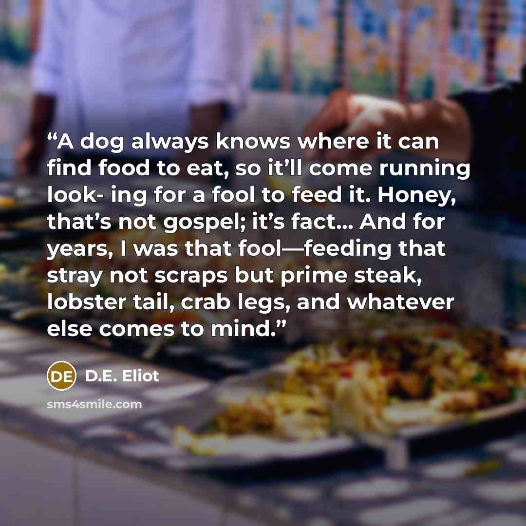 “A dog always knows where it can find food to eat, so it’ll come running look- ing for a fool to feed it. Honey, that’s not gospel; it’s fact… And for years, I was that fool—feeding that stray not scraps but prime steak, lobster tail, crab legs, and whatever else comes to mind.” quote by D.E. Eliot