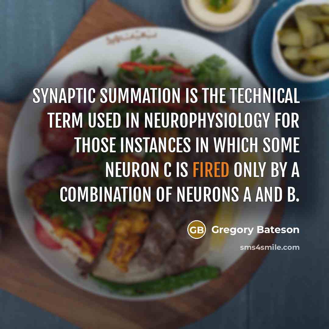 “Synaptic summation is the technical term used in neurophysiology for those instances in which some neuron C is fired only by a combination of neurons A and B.” quote by Gregory Bateson
