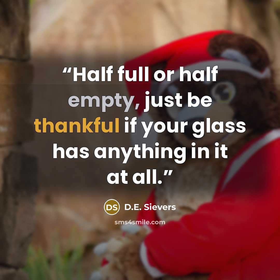 “Half full or half empty, just be thankful if your glass has anything in it at all.” quote by D.E. Sievers