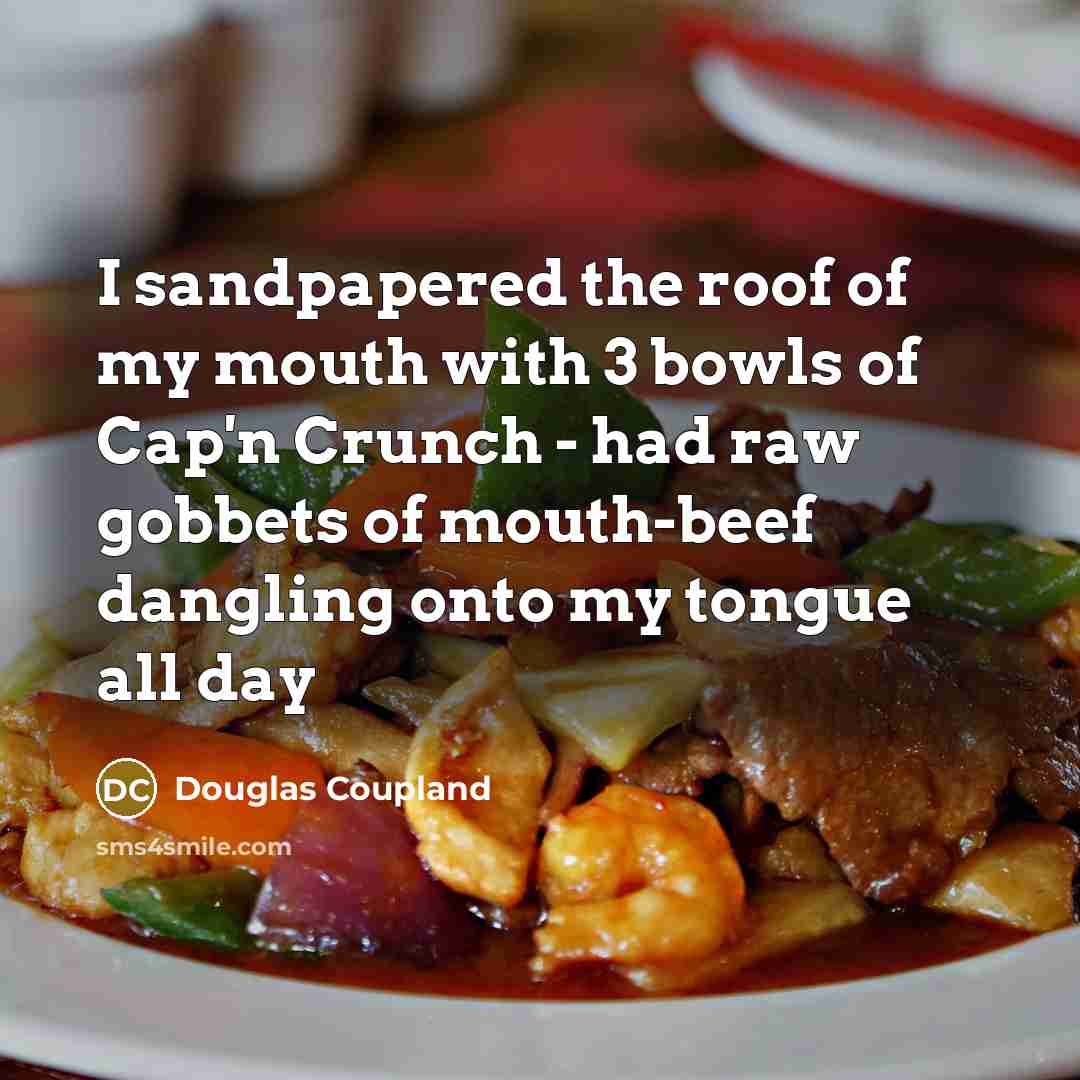 “I sandpapered the roof of my mouth with 3 bowls…” quote by Douglas Coupland