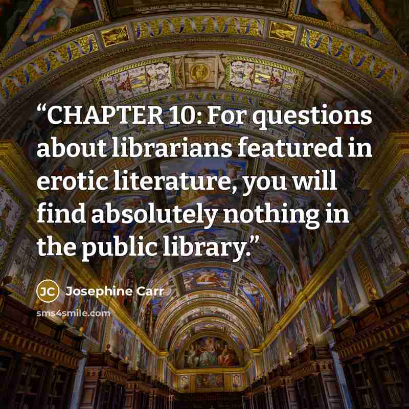 “CHAPTER 10: For questions about librarians featured in erotic literature, you will find absolutely nothing in the public library.” quote by Josephine Carr