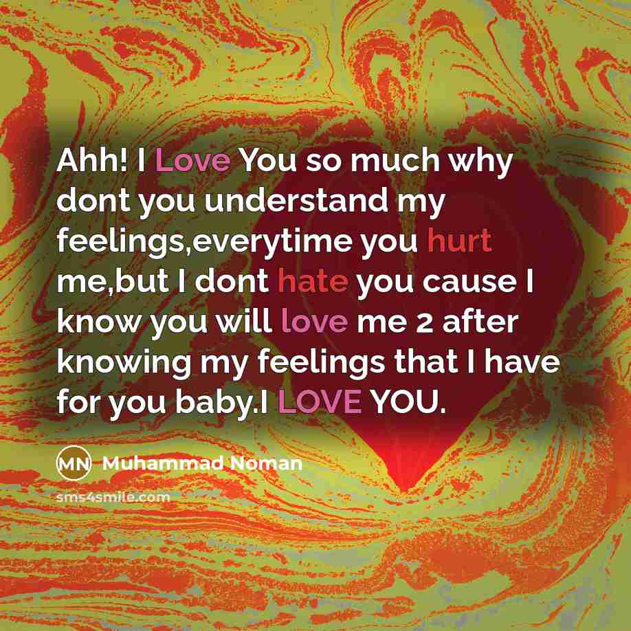 “Ahh! I Love You so much why dont you understand my feelings,everytime you hurt me,but I dont hate you cause I know you will love me 2 after knowing my feelings that I have for you baby.I LOVE YOU.” quote by Muhammad Noman