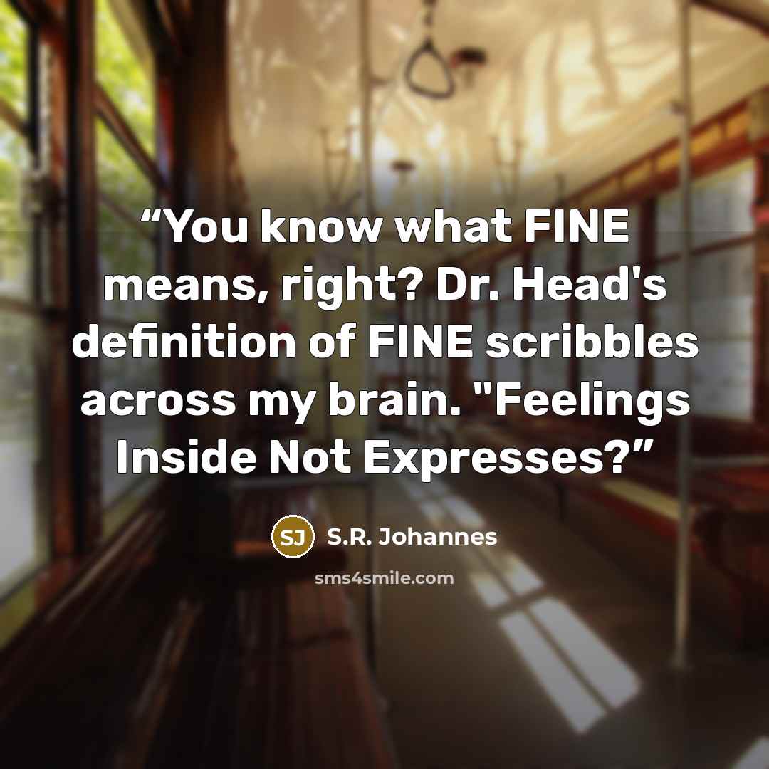 “You know what FINE means, right? Dr. Head's definition of FINE scribbles across my brain. "Feelings Inside Not Expresses?” quote by S.R. Johannes