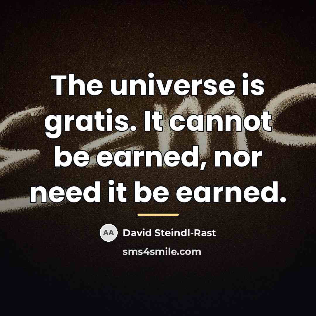 “The universe is gratis. It cannot be earned, nor need…” quote by David Steindl-Rast
