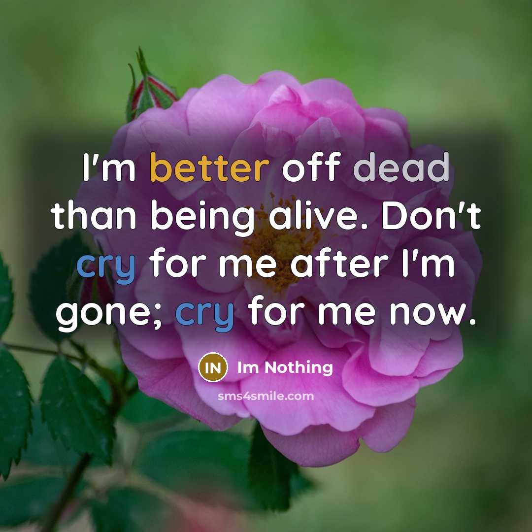 “I'm better off dead than being alive. Don't cry for me after I'm gone; cry for me now.” quote by Im Nothing
