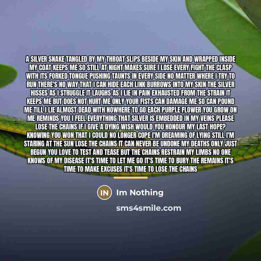 “A silver snake tangled by my throat Slips beside my…” quote by Im Nothing