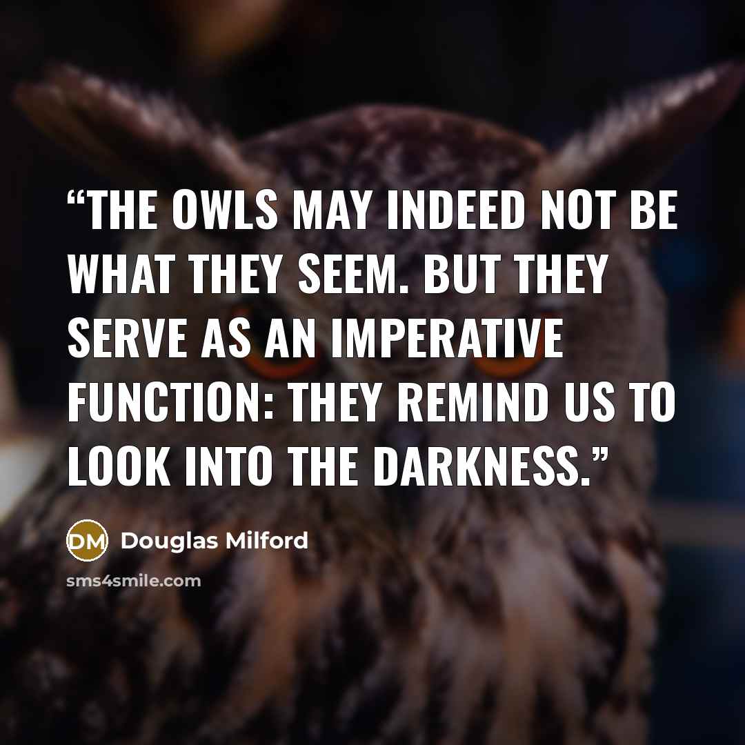 “The owls may indeed not be what they seem. But they serve as an imperative function: they remind us to look into the darkness.” quote by Douglas Milford