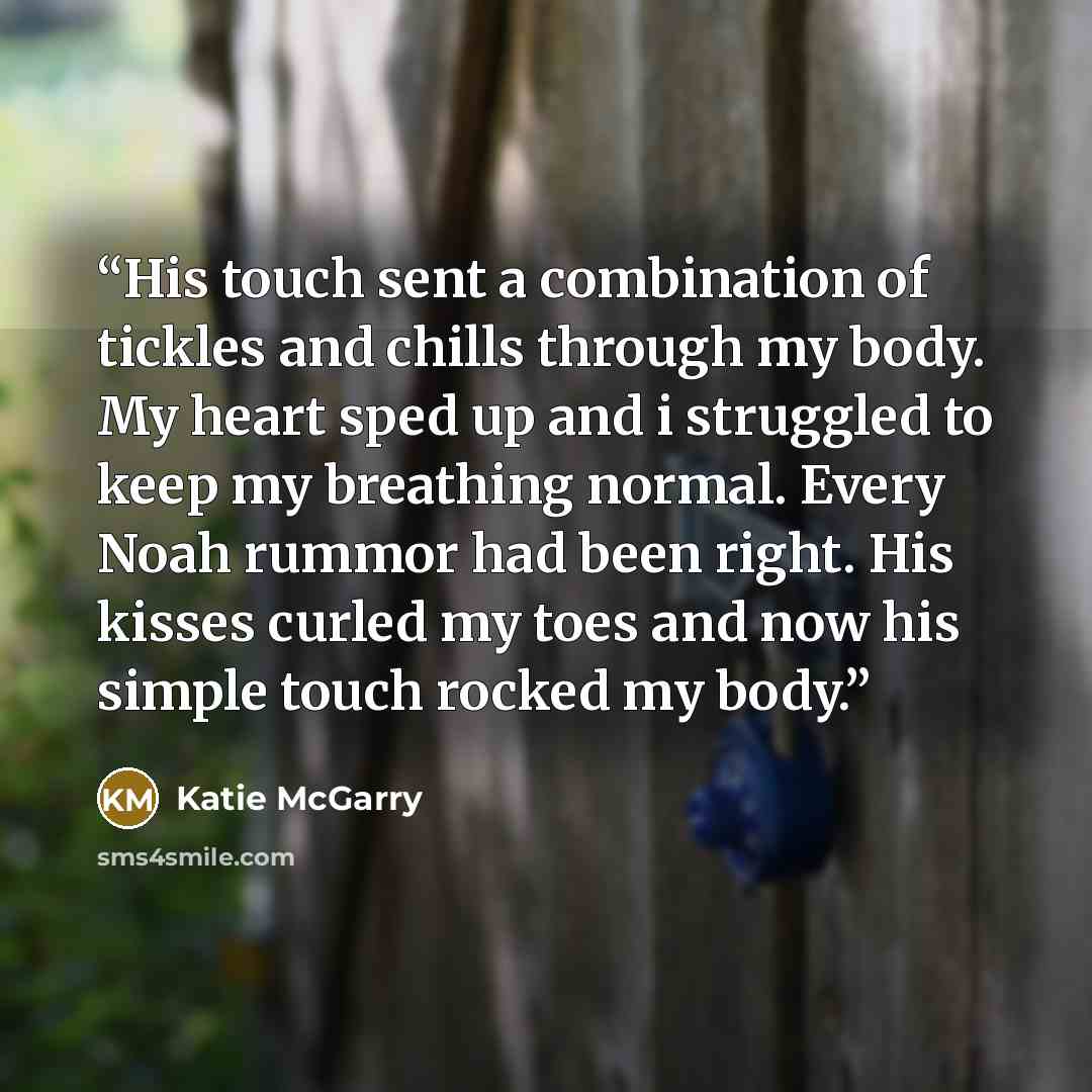 “His touch sent a combination of tickles and chills through my body. My heart sped up and i struggled to keep my breathing normal. Every Noah rummor had been right. His kisses curled my toes and now his simple touch rocked my body.” quote by Katie McGarry