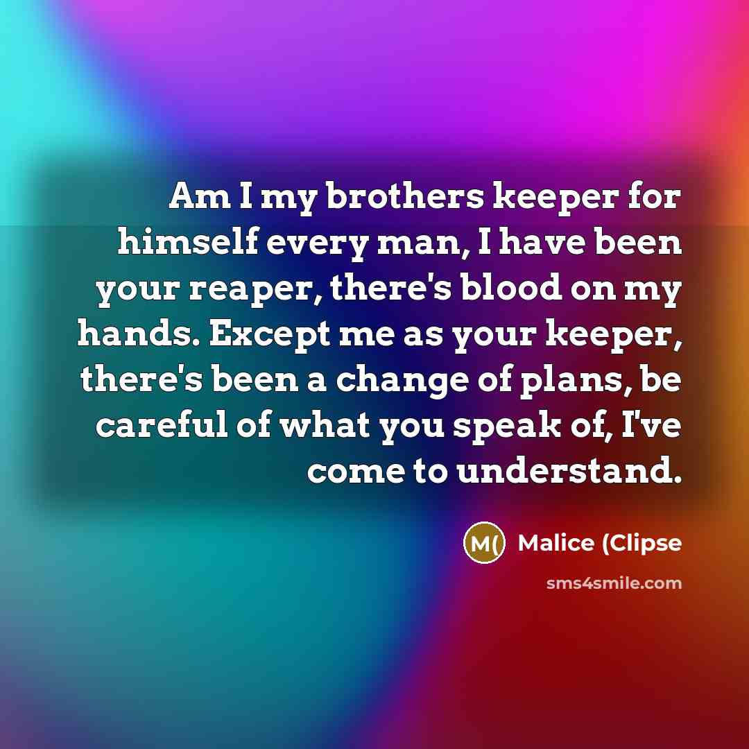 “Am I my brothers keeper for himself every man, I have been your reaper, there's blood on my hands. Except me as your keeper, there's been a change of plans, be careful of what you speak of, I've come to understand.” quote by Malice (Clipse