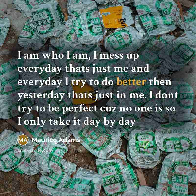 “I am who I am, I mess up everyday thats just me and everyday I try to do better then yesterday thats just in me. I dont try to be perfect cuz no one is so I only take it day by day” quote by Maurice Adams