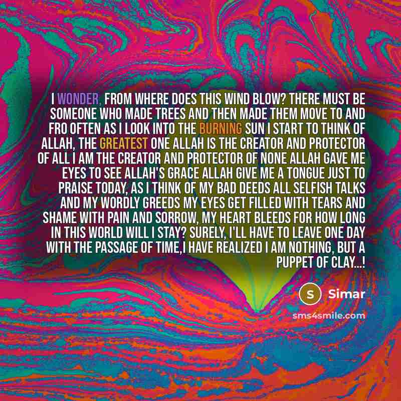 “I Wonder, From Where Does This Wind Blow? There Must Be Someone Who Made Trees And Then Made Them Move To And Fro Often As I Look Into The Burning Sun I Start To Think Of Allah, The Greatest One Allah Is The Creator And Protector Of All I Am The Creator And Protector Of None Allah Gave Me Eyes To…” quote by Simar