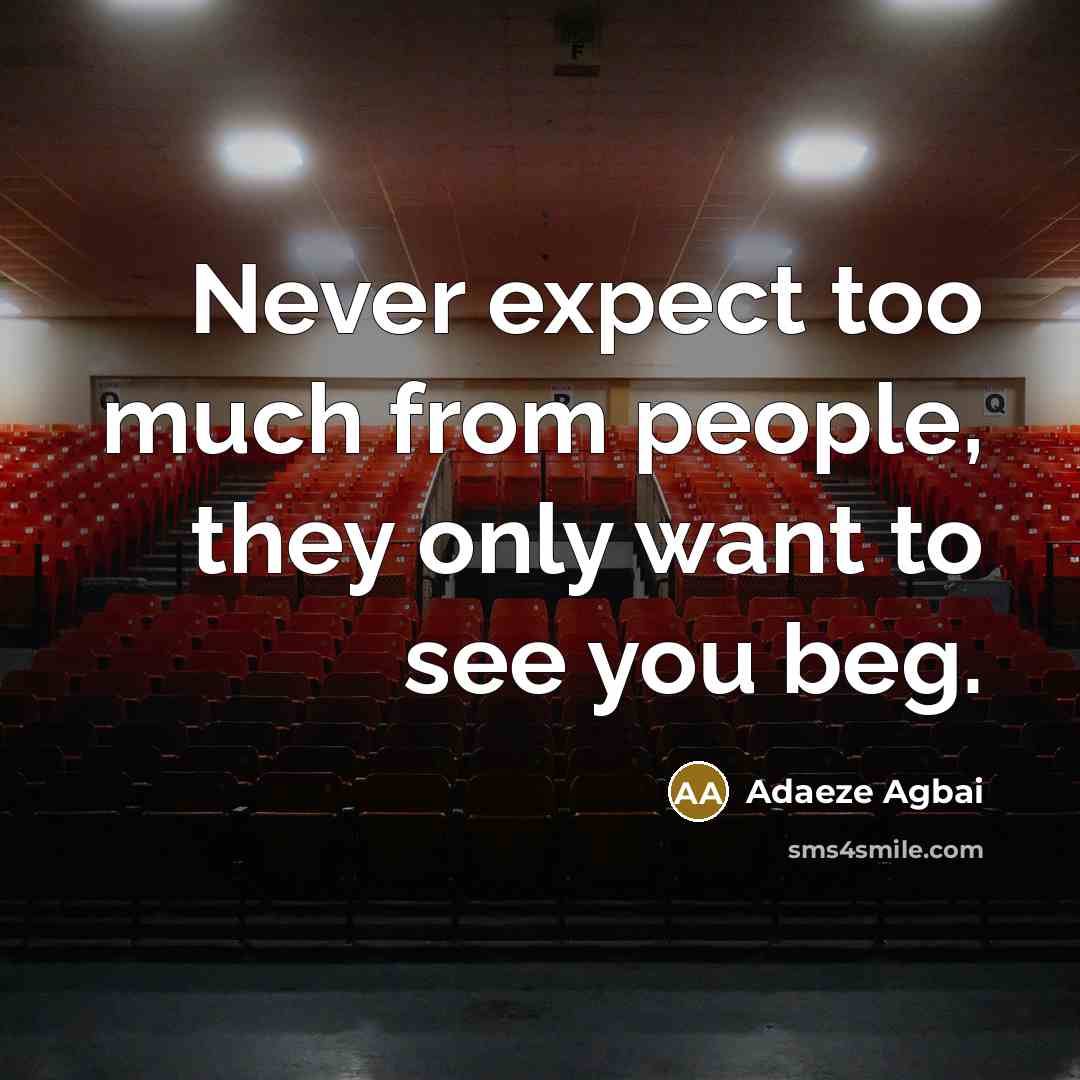 “Never expect too much from people, they only want to see you beg.” quote by Adaeze Agbai