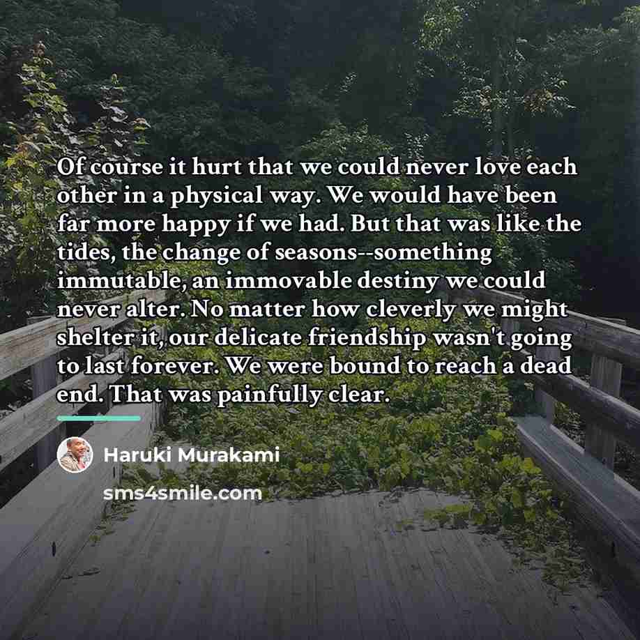 “Of course it hurt that we could never love each…” quote by Haruki Murakami