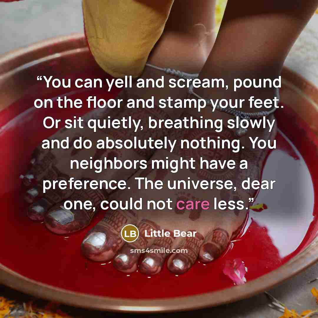 “You can yell and scream, pound on the floor and stamp your feet. Or sit quietly, breathing slowly and do absolutely nothing. You neighbors might have a preference. The universe, dear one, could not care less.” quote by Little Bear