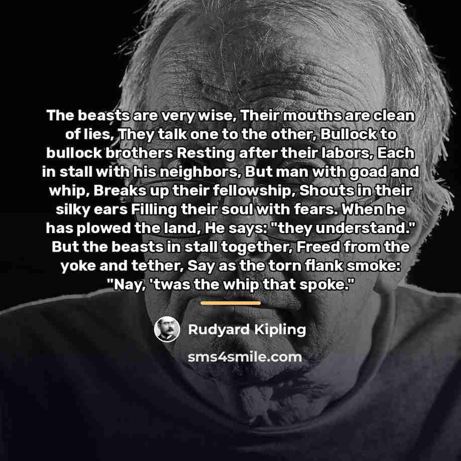 “The beasts are very wise, Their mouths are clean of…” quote by Rudyard Kipling