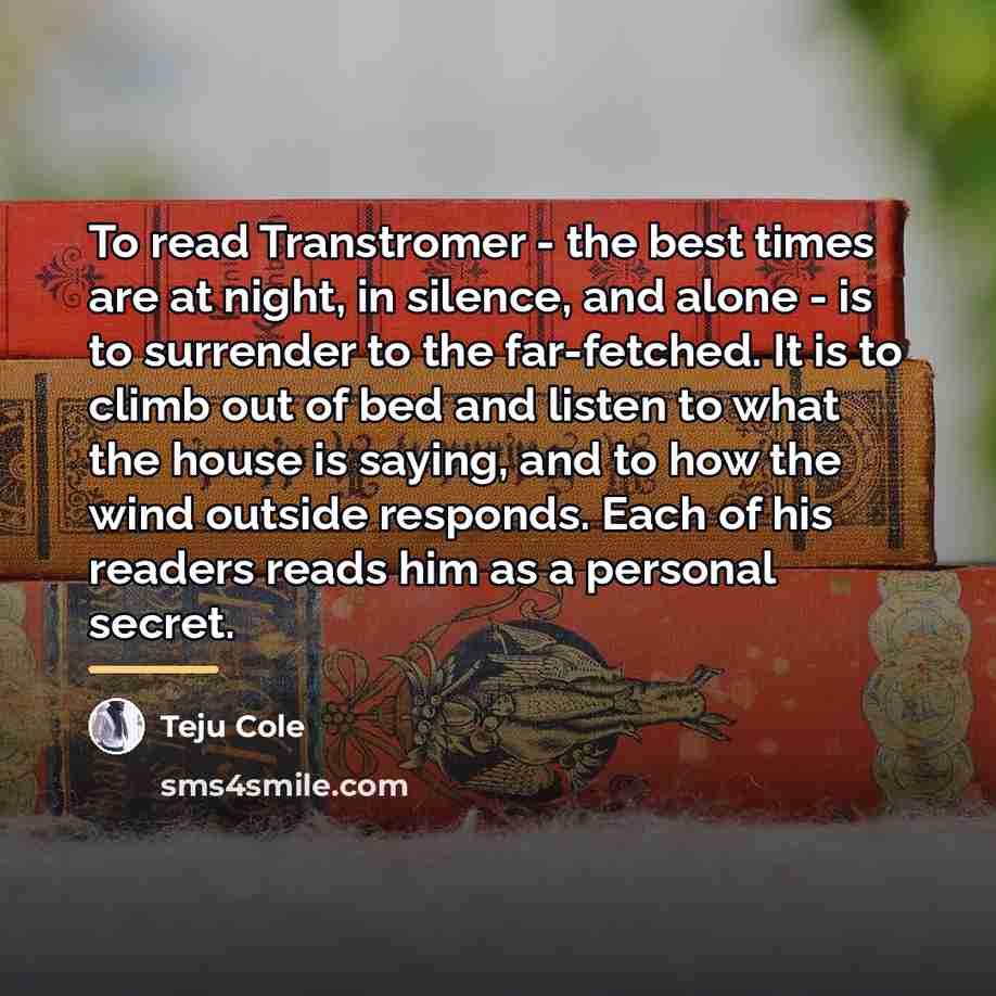 “To read Transtromer - the best times are at night,…” quote by Teju Cole