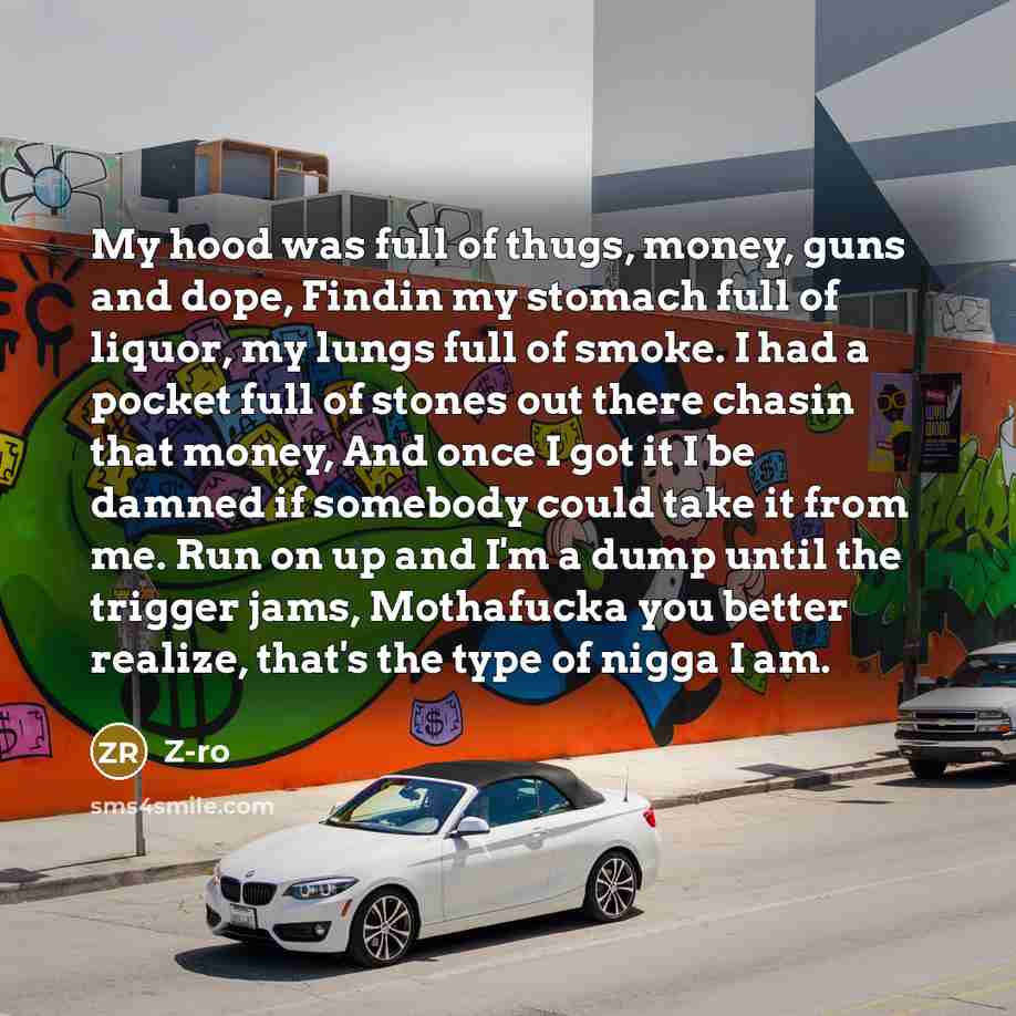 “My hood was full of thugs, money, guns and dope,…” quote by Z-Ro