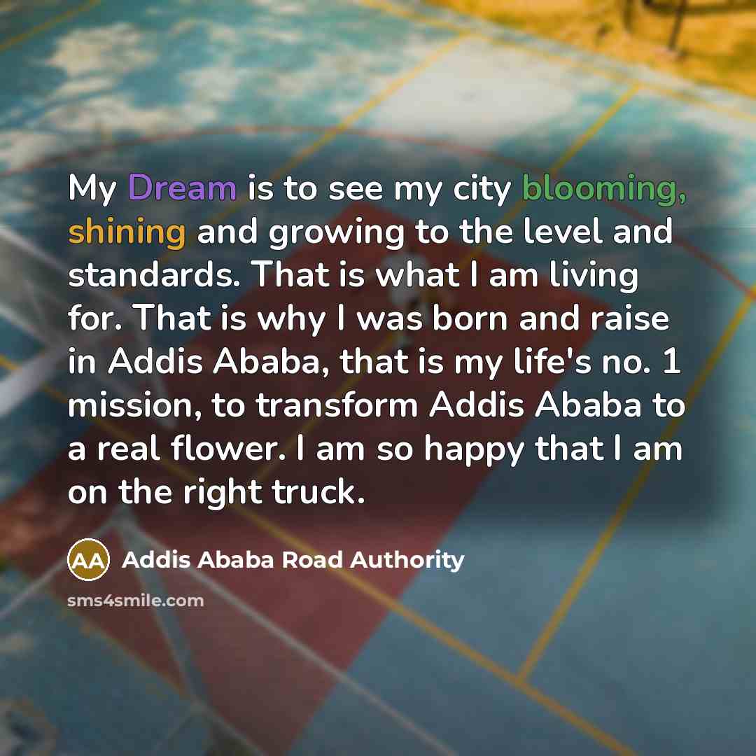 “My Dream is to see my city blooming, shining and growing to the level and standards. That is what I am living for. That is why I was born and raise in Addis Ababa, that is my life's no. 1 mission, to transform Addis Ababa to a real flower. I am so happy that I am on the right truck.” quote by Addis Ababa Road Authority