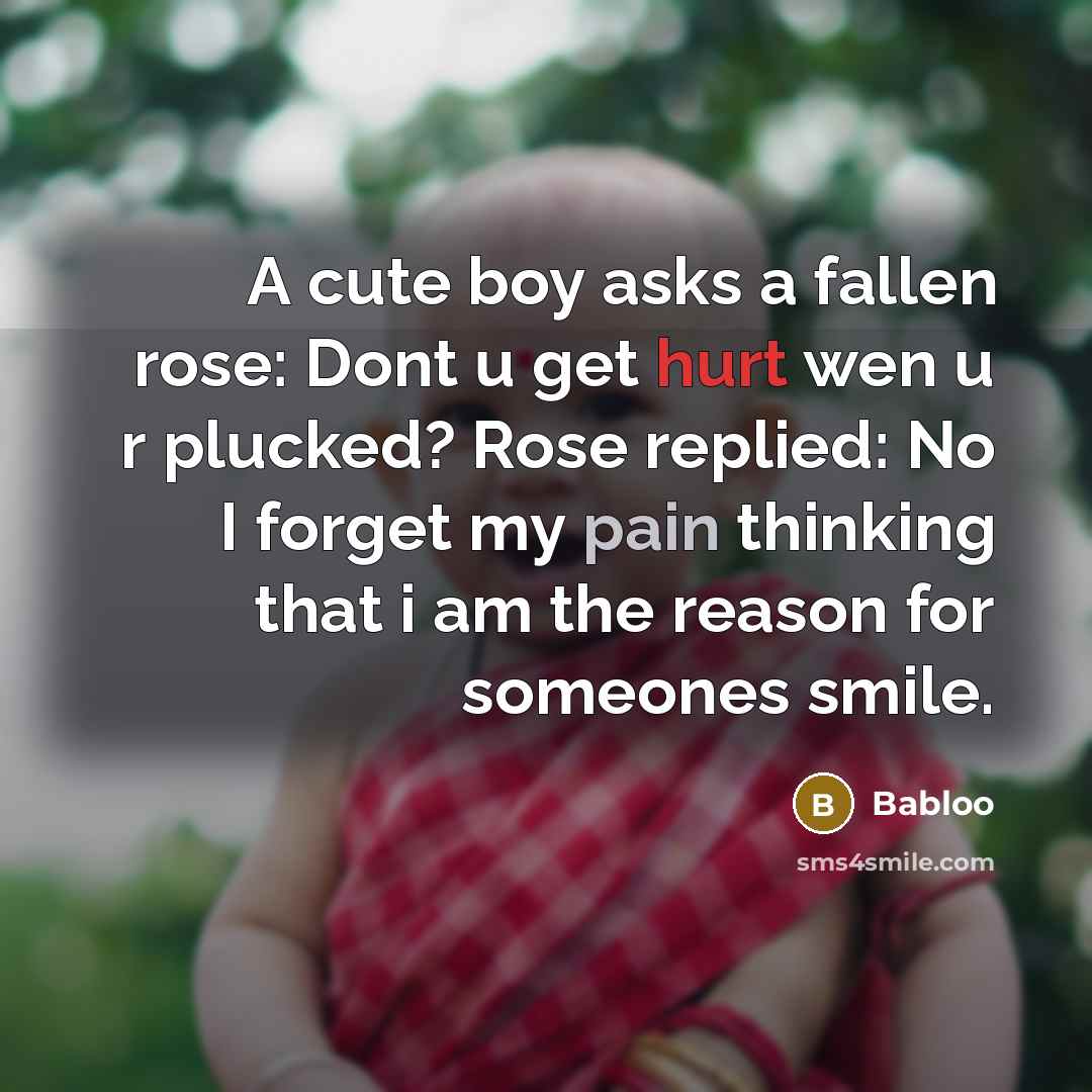 “A cute boy asks a fallen rose: Dont u get hurt wen u r plucked? Rose replied: No I forget my pain thinking that i am the reason for someones smile.” quote by Babloo