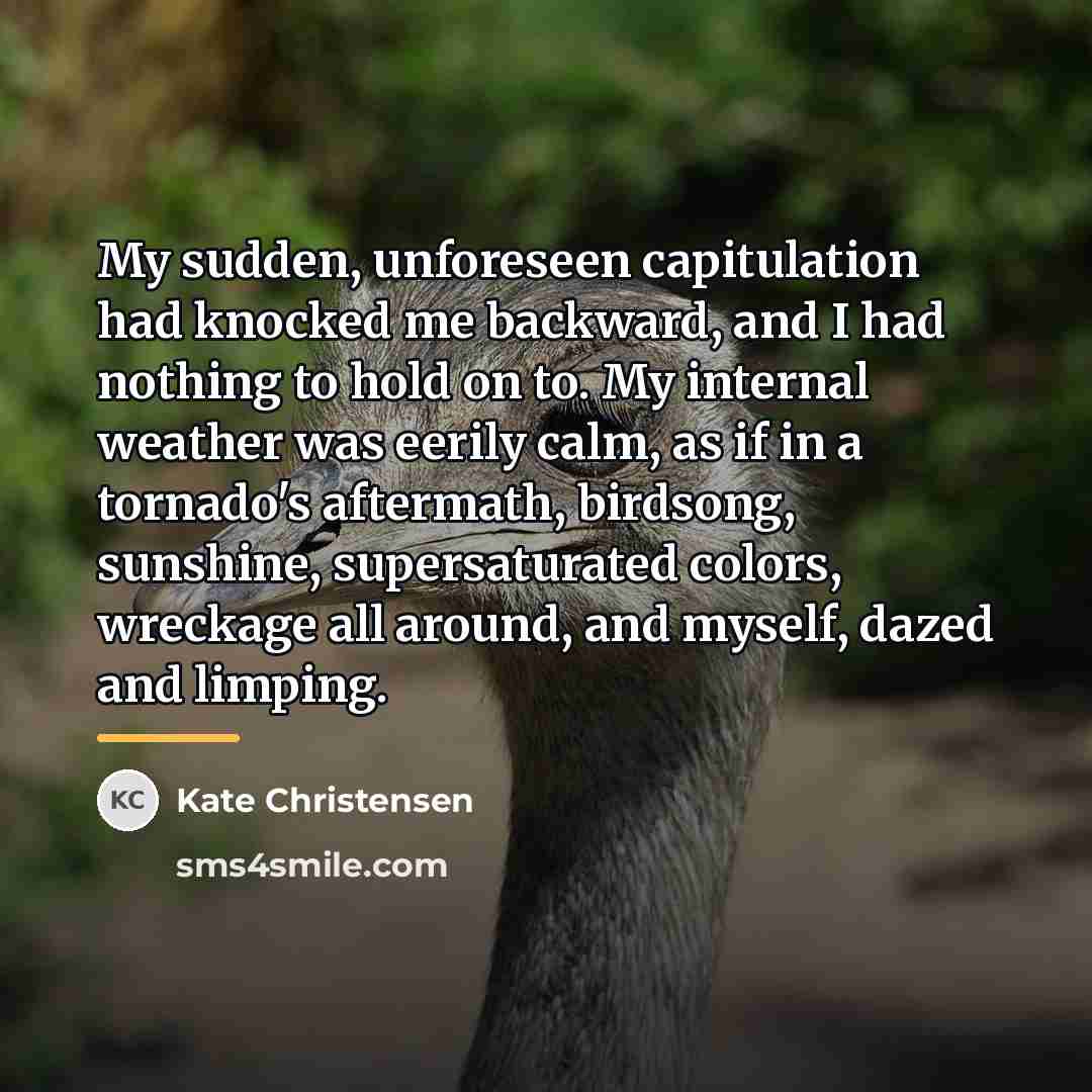 “My sudden, unforeseen capitulation had knocked me backward, and I…” quote by Kate Christensen