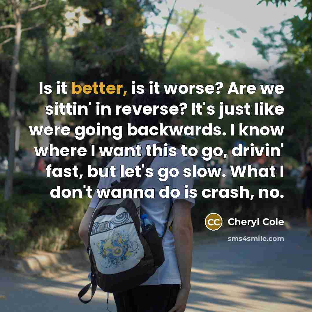 “Is it better, is it worse? Are we sittin' in reverse? It's just like were going backwards. I know where I want this to go, drivin' fast, but let's go slow. What I don't wanna do is crash, no.” quote by Cheryl Cole