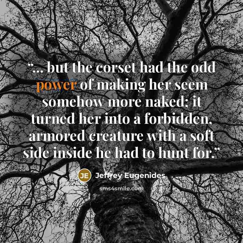 “... but the corset had the odd power of making her seem somehow more naked; it turned her into a forbidden, armored creature with a soft side inside he had to hunt for.” quote by Jeffrey Eugenides