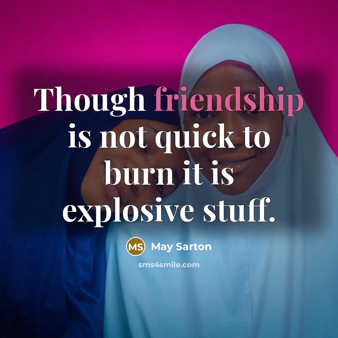 “Though friendship is not quick to burn it is explosive stuff.” quote by May Sarton