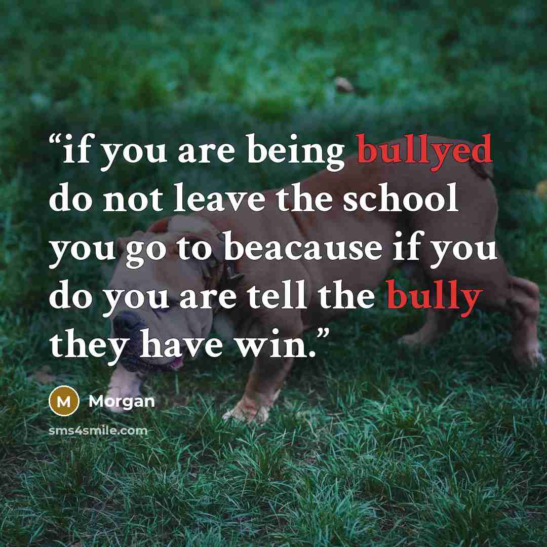 “if you are being bullyed do not leave the school you go to beacause if you do you are tell the bully they have win.” quote by morgan