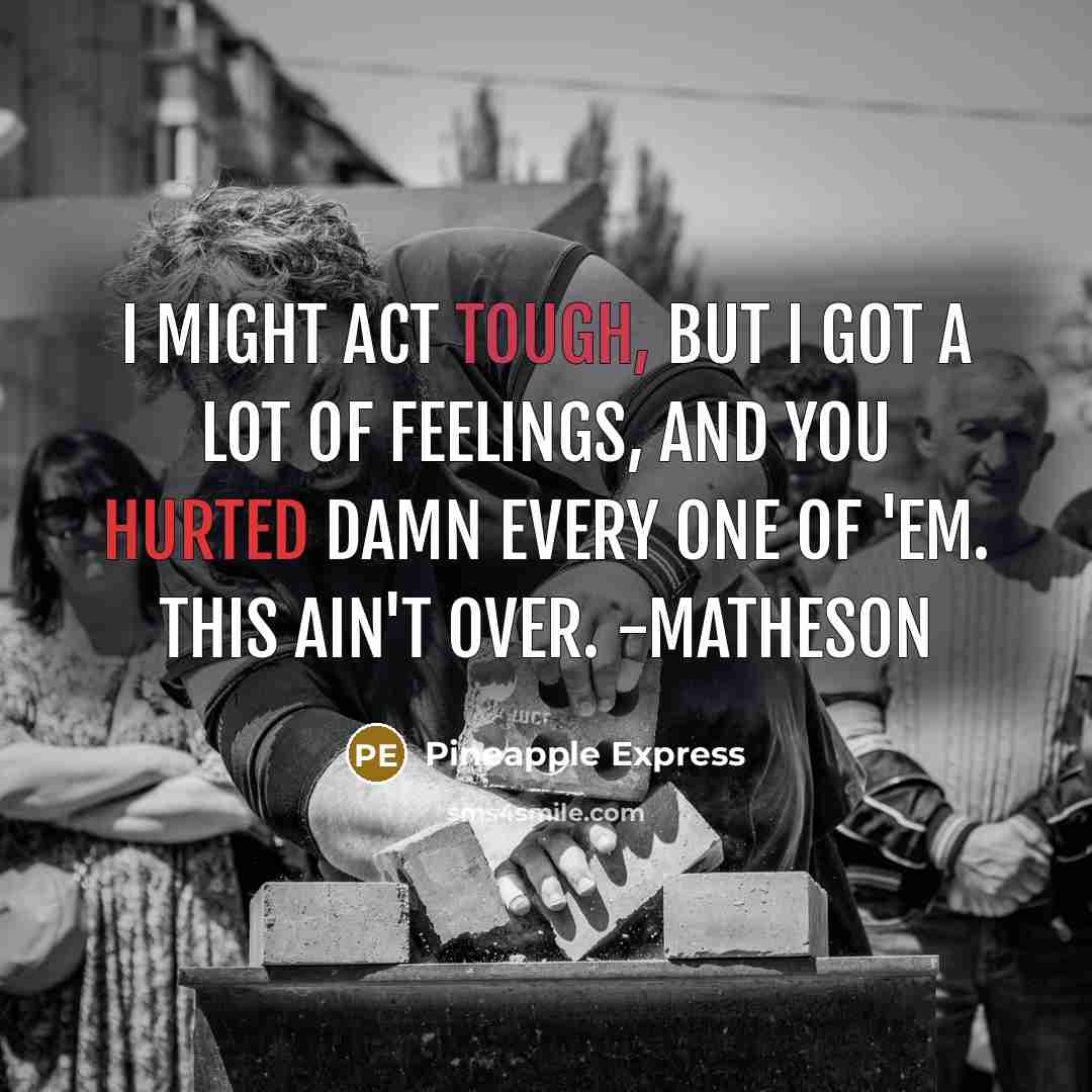“I might act tough, but I got a lot of feelings, and you hurted damn every one of 'em. This ain't over. -Matheson” quote by Pineapple Express