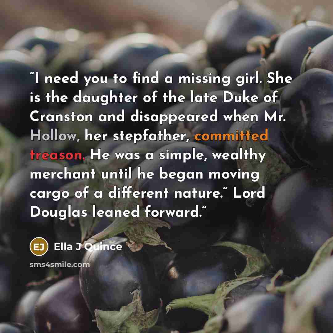 “I need you to find a missing girl. She is the daughter of the late Duke of Cranston and disappeared when Mr. Hollow, her stepfather, committed treason. He was a simple, wealthy merchant until he began moving cargo of a different nature.” Lord Douglas leaned forward.” quote by Ella J Quince