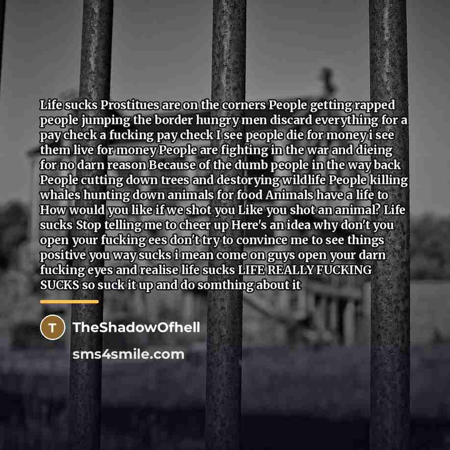“Life sucks Prostitues are on the corners People getting rapped…” quote by TheShadowOfhell