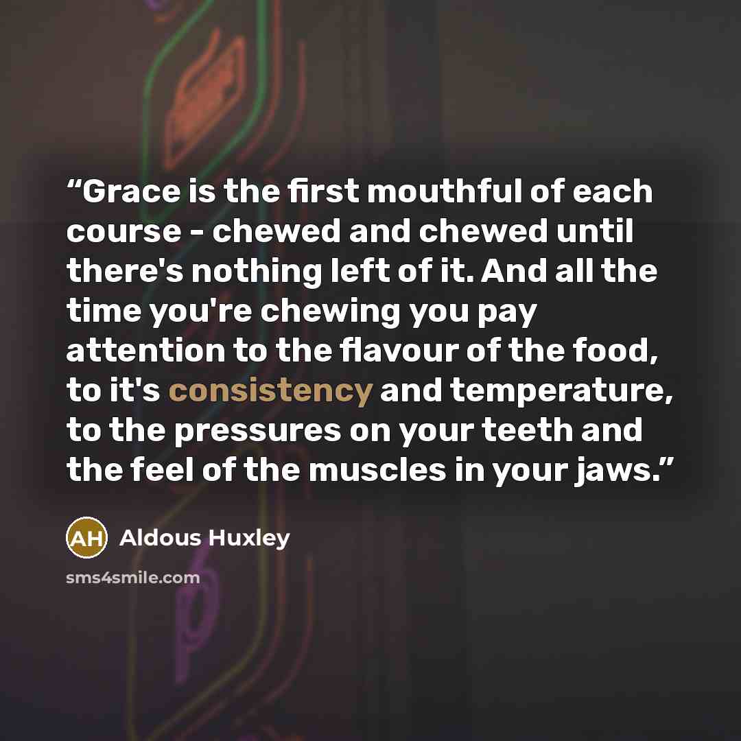 “Grace is the first mouthful of each course - chewed and chewed until there's nothing left of it. And all the time you're chewing you pay attention to the flavour of the food, to it's consistency and temperature, to the pressures on your teeth and the feel of the muscles in your jaws.” quote by Aldous Huxley