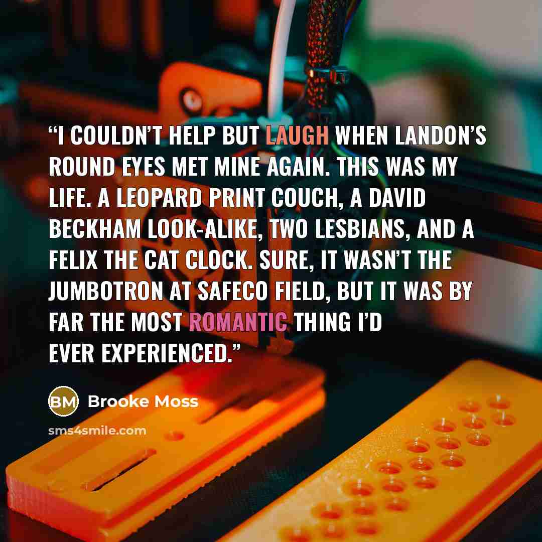 “I couldn’t help but laugh when Landon’s round eyes met mine again. This was my life. A leopard print couch, a David Beckham look-alike, two lesbians, and a Felix the Cat clock. Sure, it wasn’t the JumboTron at Safeco Field, but it was by far the most romantic thing I’d ever experienced.” quote by Brooke Moss