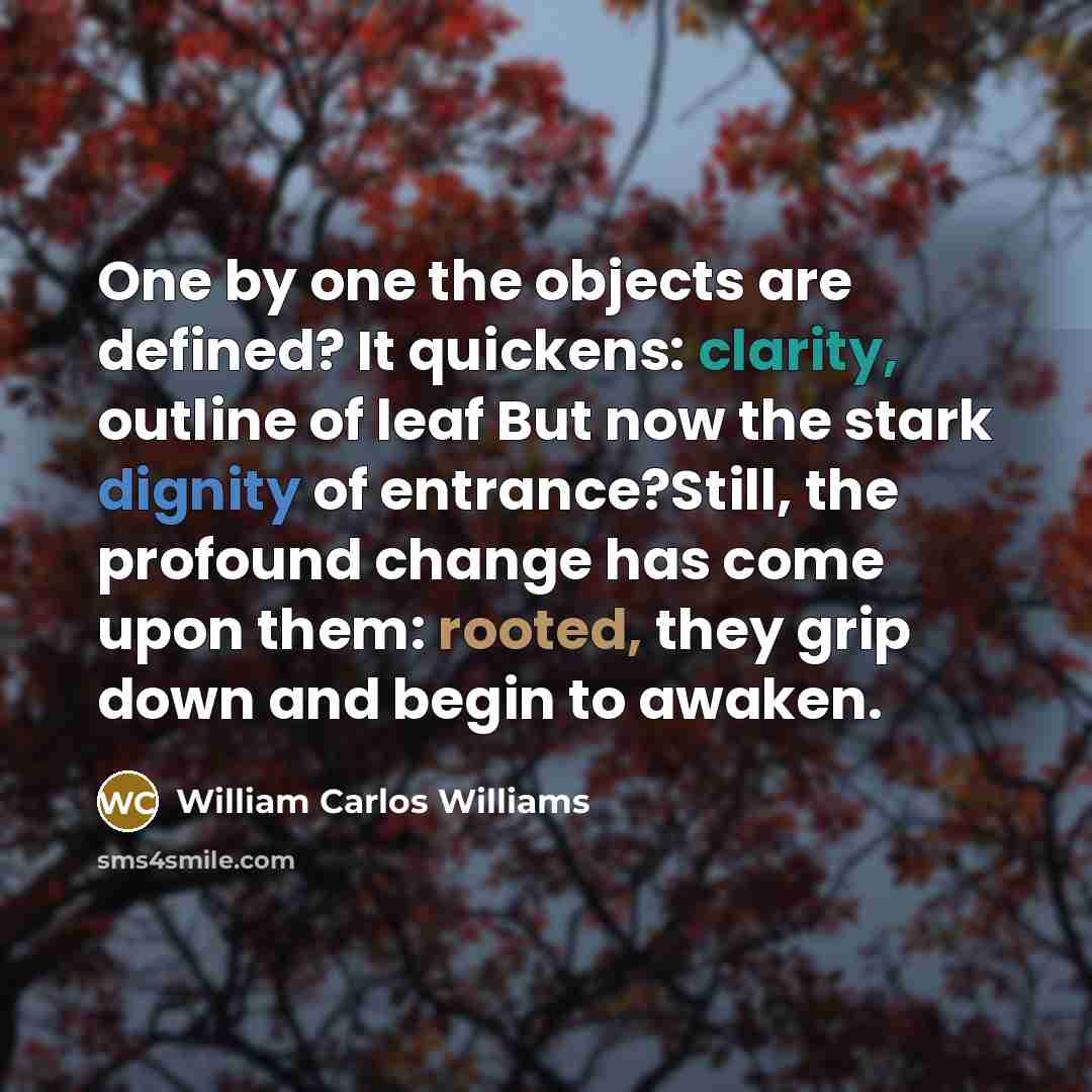 “One by one the objects are defined? It quickens: clarity, outline of leaf But now the stark dignity of entrance?Still, the profound change has come upon them: rooted, they grip down and begin to awaken.” quote by William Carlos Williams