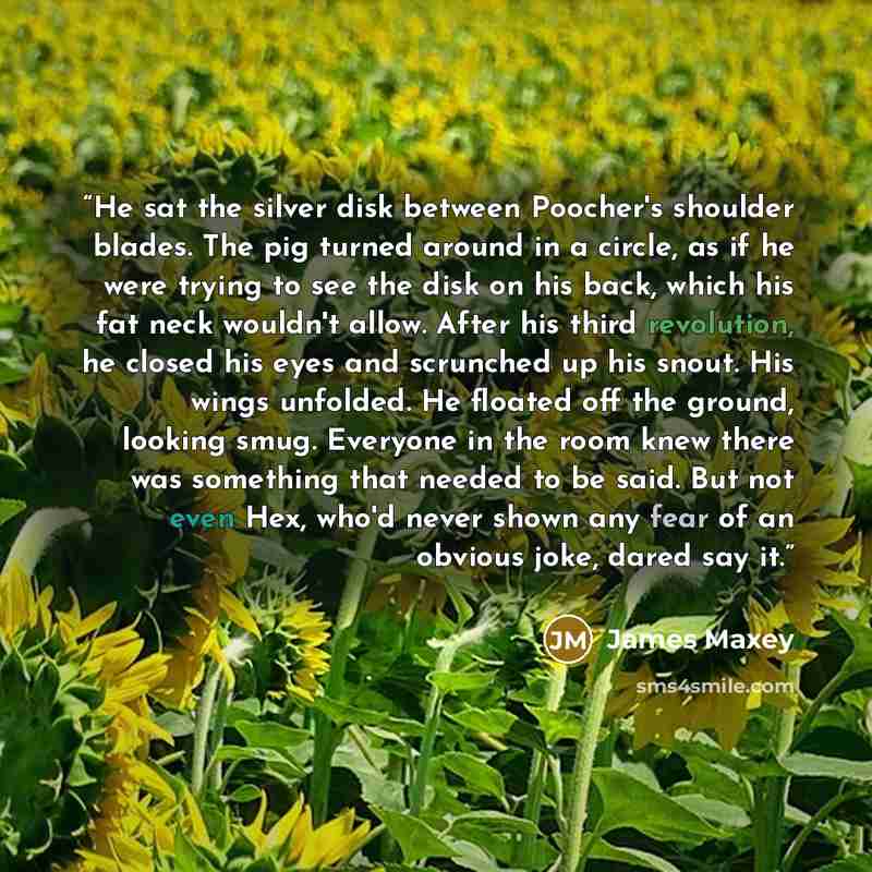 “He sat the silver disk between Poocher's shoulder blades. The pig turned around in a circle, as if he were trying to see the disk on his back, which his fat neck wouldn't allow. After his third revolution, he closed his eyes and scrunched up his snout. His wings unfolded. He floated off the…” quote by James Maxey