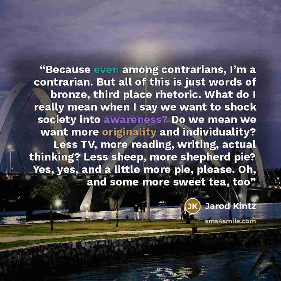 “Because even among contrarians, I’m a contrarian. But all of this is just words of bronze, third place rhetoric. What do I really mean when I say we want to shock society into awareness? Do we mean we want more originality and individuality? Less TV, more reading, writing, actual thinking? Less…” quote by Jarod Kintz